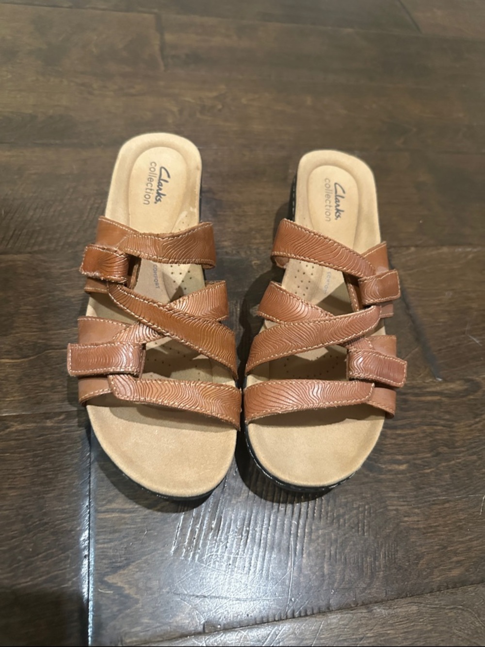 Clarks Brown Leather Strappy Wedge Slides